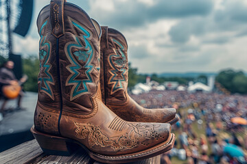 Fototapeta premium Cowboy Boots Overlooking Outdoor Music Festival. A pair of worn cowboy boots perched on a wooden ledge with a blurred music festival crowd in the background. generative ai