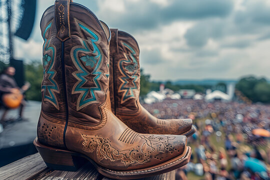 Cowboy Boots Overlooking Outdoor Music Festival. A pair of worn cowboy boots perched on a wooden ledge with a blurred music festival crowd in the background. generative ai