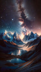 高山の夜の風景　縦画像　背景、壁紙　（ AI生成画像 ）