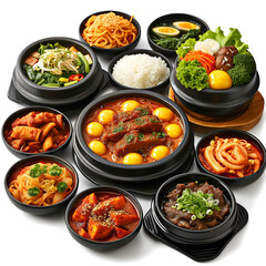 set of Korean food, Korean foods served on white background.