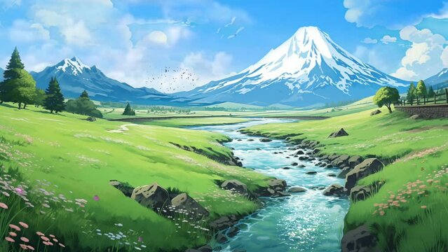 Anime spring green landscape with small river and great mountain. Seamless 4k animation loop background