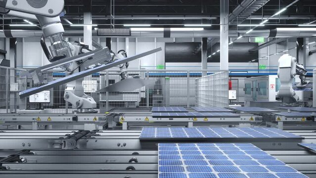 Autonomous robot arms in cutting edge solar panel factory maneuvering photovoltaic modules. PV cells produced in eco friendly facility with assembly lines, 3D rendering animation