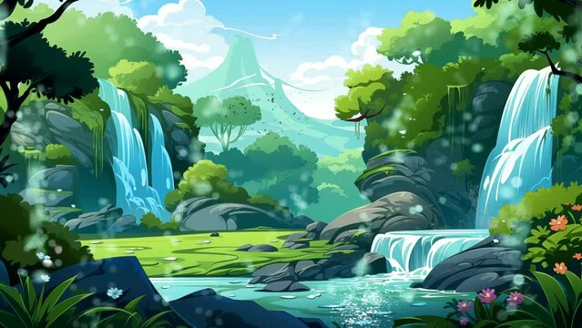 Fantasy spring tropical green forest with beautiful waterfall on anime or cartoon style.  4k Seamless loop animation background