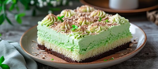 Coconut-flavored cake with sweet cream and chocolate, made with pandan and green.