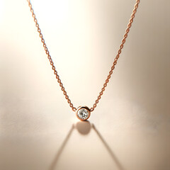 Fototapeta premium a thin, slender rose gold necklace with a small diamond pendant, showcased against a neutral background to emphasize its elegance and simplicity