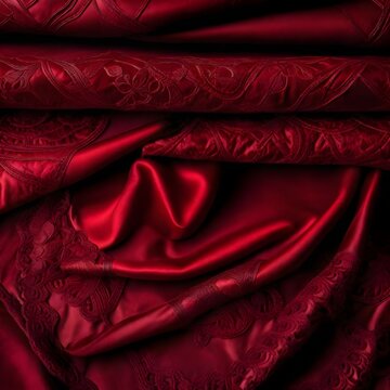 Close up de tela color rojo intenso de satin brillante con adornos de encaje que forma pliegues.  Fondo para moda o San valentin





 
