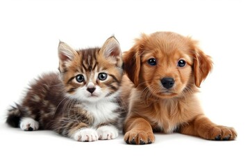 Cute small kitten and puppy on a white backdrop, Generative AI 