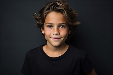 Portrait of a boy with curly hair on a dark background.