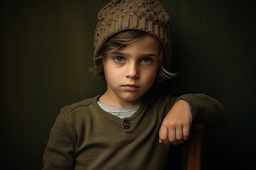 Portrait of a sad little boy in a knitted hat. Studio shot.