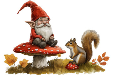 a gnome in a red hat, sitting on a mushroom, with a squirrel beside him