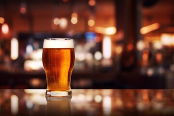 A close-up of a beer glass with a blurred bartender and bar in the background, featuring empty copy space