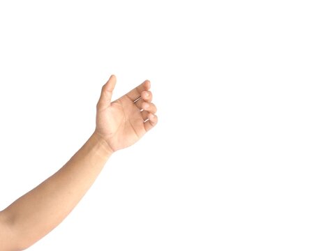 Men's hands making gestures like is holding something such as a phone or a water bottle Isolated on white background.	