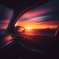 Obraz premium The perspective from the car's side window adds a sense of motion and journey, inviting viewers to imagine driving towards the horizon as the day ends