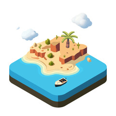 Isometric Illustration of an Island Beach with Boat Floating in Crystal Clear Waters. Isometric Island Paradise with Boat Sailing Near Sandy Beach in Perspective View