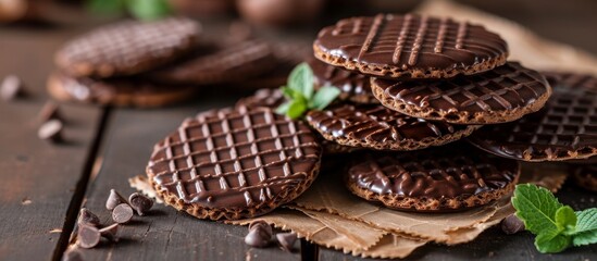 A stack of chocolate cookies topped with fresh mint leaves on a rustic wooden table, showcasing a...