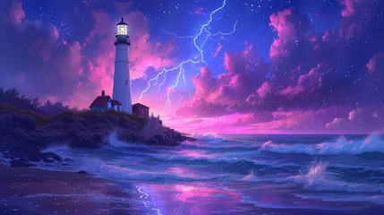 Tuinposter Donkerblauw Purple Twilight Seascape with Lighthouse and Lightning