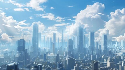 A city skyline made of bluish buildings and blue skies.