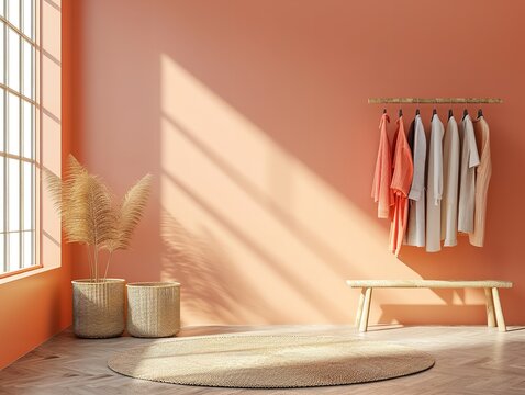 A backdrop with peach color in bedroom with sunlight and space, Generative AI.