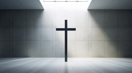 A Christian cross in an empty stone room. - obrazy, fototapety, plakaty