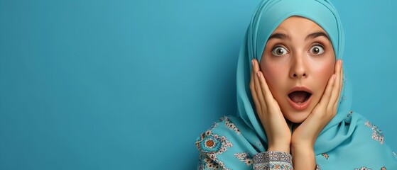 A big copy space with a surprised Arabic woman against a blue backdrop, Generative AI. - obrazy, fototapety, plakaty