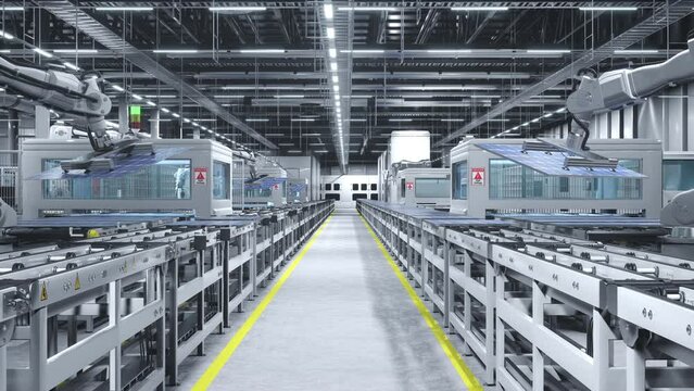 Industrial robot arms placing solar panels on large production line in eco friendly power plant. Solar cells being assembled on conveyor belts inside manufacturing facility, 3D animation