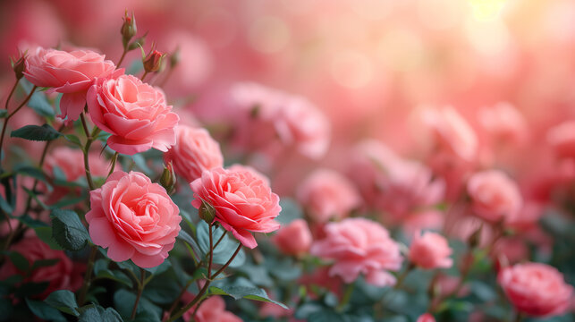 Pink roses in full bloom during gardening season in summer field