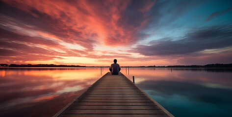 the quiet contemplation of a person sitting alone on a pier at sunset, gazing over the water and reflecting on life's moments photograph - Powered by Adobe