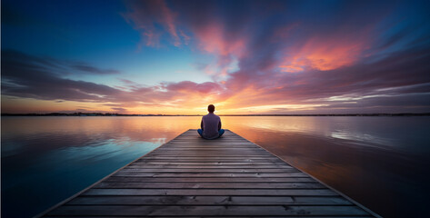 the quiet contemplation of a person sitting alone on a pier at sunset, gazing over the water and...