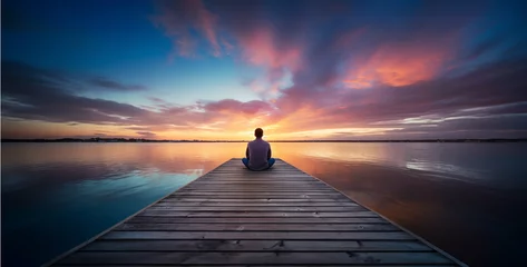 Rolgordijnen the quiet contemplation of a person sitting alone on a pier at sunset, gazing over the water and reflecting on life's moments photograph © Kashif Ali 72