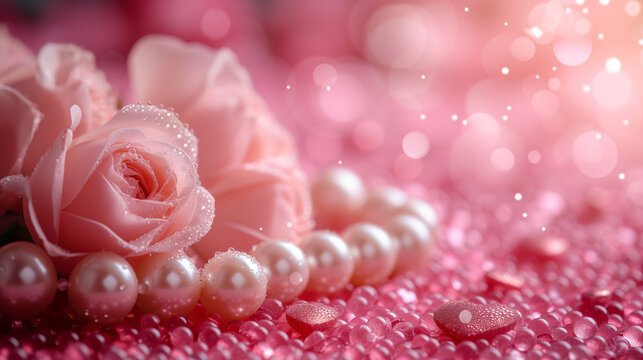 Pink rose with water drops and a string of pearls. Themed background for woman's event, party, celebration. 
