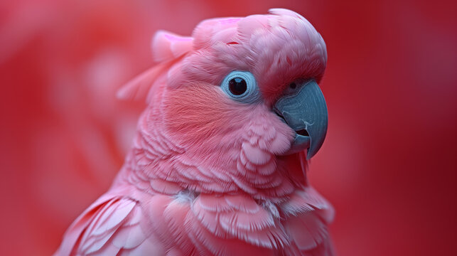 Photo of a pink bird, pink cockatoo, with pink background, cool light source.