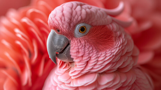 Photo of a pink bird, pink cockatoo, with pink flower background