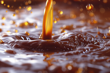 Stream of pouring hot chocolate as a close-up background - obrazy, fototapety, plakaty