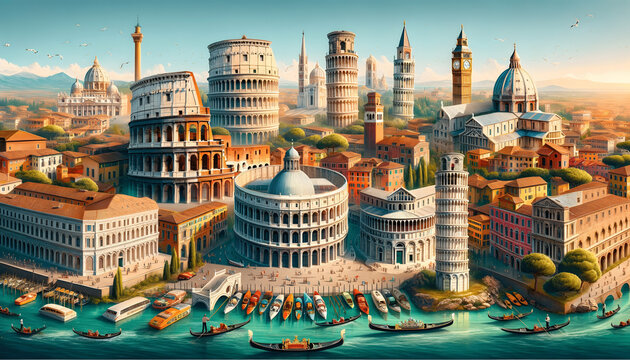 the panoramic collage featuring Italy's iconic landmarks as requested. You can view the image to see how the Colosseum of Rome, Venice's waterways with gondolas