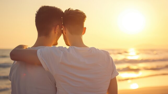 Loving gay couple having fun on the beach. Hand in hand, they walk along the shoreline, their love story written in the sand, a testament to their bond.