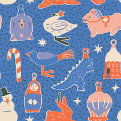 An artistic design featuring a seamless pattern of Christmas decorations in orange and azure on a blue background, creating a festive textile for the holiday season. - 733542766