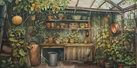 a watercolor of a garden shed with pots and containers, generative AI