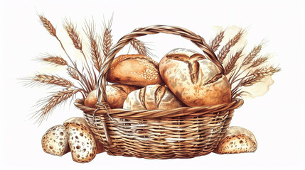 Vintage Illustration: Freshly Baked Goods in Basket with Wheat Ears and Sketch