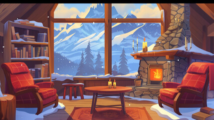 A Cozy Chalet Living Room Amidst Winter Mountains: A Warm Haven for Relaxing Moments - obrazy, fototapety, plakaty