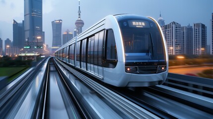 Fototapeta premium A subway or metro is going with cityscapes in the background to show transport.