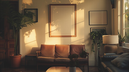 Warm Sunset Light in a Cozy Living Room with Leather Sofa and Blank Frame