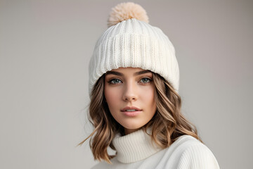 Beautiful young woman in warm sweater with hat