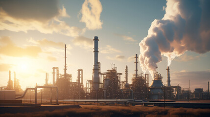 big oil refinery or industrial plant emitting carbon into air - obrazy, fototapety, plakaty