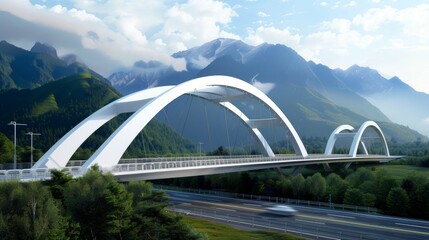 Fototapeta na wymiar A white bridge on a highway with mountains in the background.