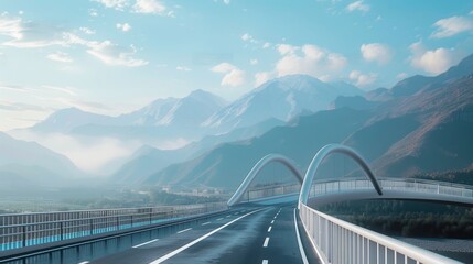 A  white bridge on a highway with mountains in the background.