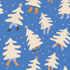 Christmas seamless pattern with people buying christmas trees. Vector illustration - 733544755