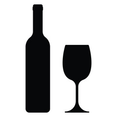 Wine bottle and glass silhouette. Bar Icon Design. Alcohol symbol. Vector illustration. Isolated On White Background.