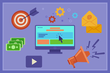 Computer and marketing elements vector illustration. Money, play button, target, megaphone, email as marketing symbols. Online marketing, digital content, search engine traffic concept