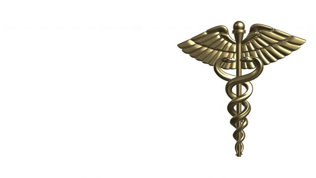 3D rendered gold color caduceus, symbol of medicine and related sciences, spins around in a loop in front of a white background. 4K resolution, large copy space.