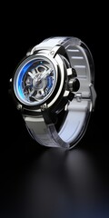 Futuristic wristwatch with radio components in the form of lamp elements, neon glow in the dark background